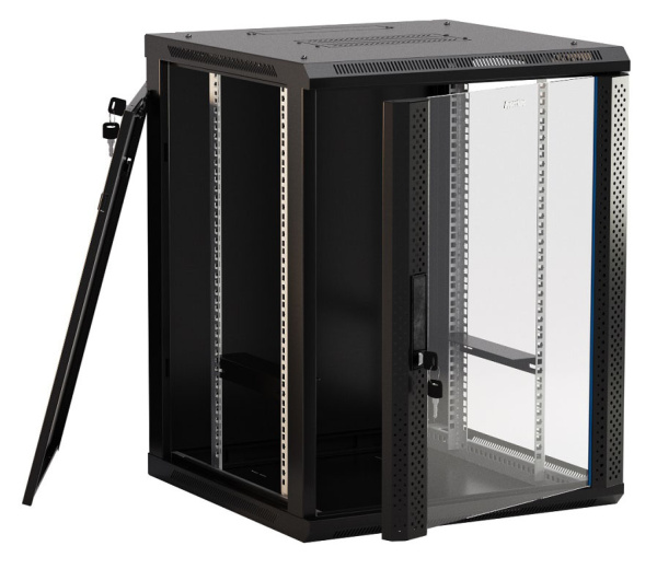 Шкаф серверный Hyperline (TWB-1566-GP-RAL9004) настенный 15U 600x600мм пер.дв.стекл 2 бок.пан. 60кг черный IP20 сталь