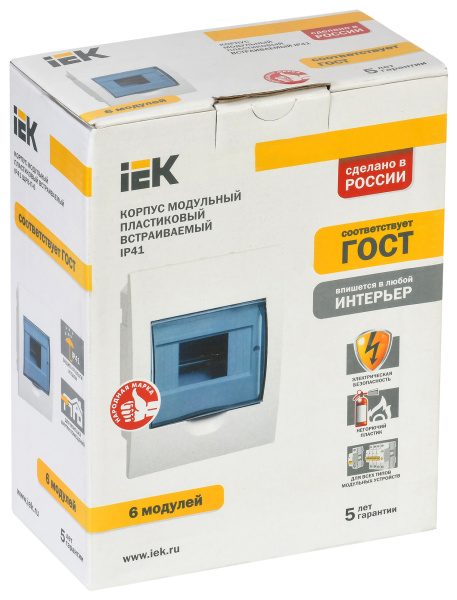 Щит распределительный IEK MKP12-N-06-40-20 ЩРН-П-6 для установки модульных устройств навесной 150мм 97мм 200мм 660B 6мод. пластик IP41 белый (упак.:1шт)