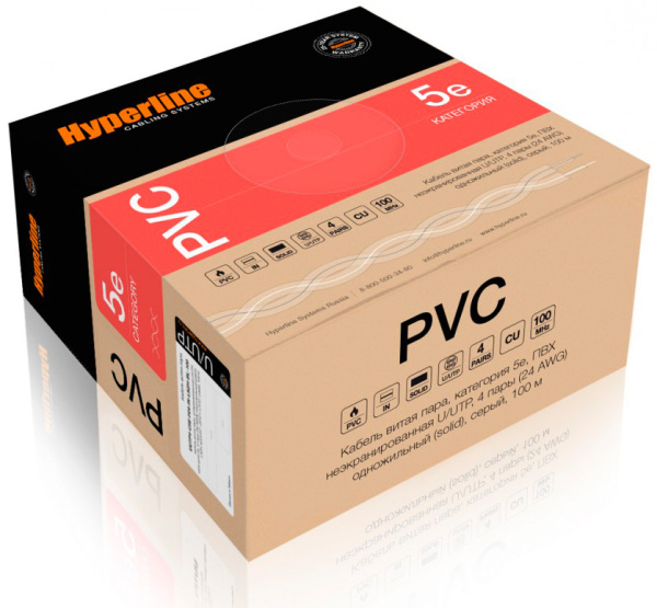 Кабель информационный Hyperline UUTP4-C5E-S24-IN-PVC-GY-100 кат.5E U/UTP 4X2X24AWG PVC внутренний 100м серый