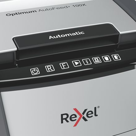 Шредер Rexel Optimum AutoFeed 100X черный с автоподачей (секр.P-4) фрагменты 100лист. 34лтр. скрепки скобы пл.карты