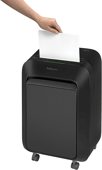 Шредер Fellowes PowerShred LX211 черный (секр.P-5) перекрестный 15лист. 23лтр. скрепки скобы пл.карты