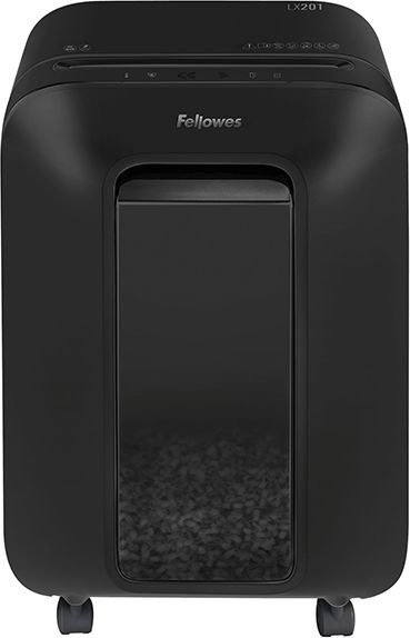 Шредер Fellowes PowerShred LX201 черный (секр.P-5) перекрестный 12лист. 22лтр. скрепки скобы пл.карты