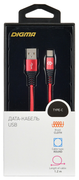 Кабель Digma TYPE-C-1.2M-BRAIDED-R USB (m)-USB Type-C (m) 1.2м красный