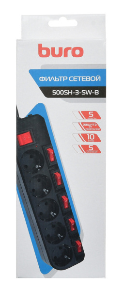Сетевой фильтр Buro 500SH-3-SW-B 3м (5 розеток) черный (коробка)