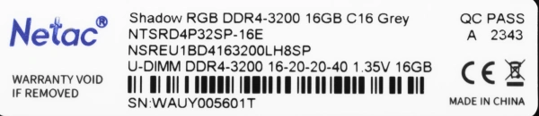 Память DDR4 16Gb 3200MHz Netac NTSRD4P32SP-16E Shadow RGB RTL PC4-25600 CL16 DIMM 288-pin 1.35В single rank с радиатором Ret