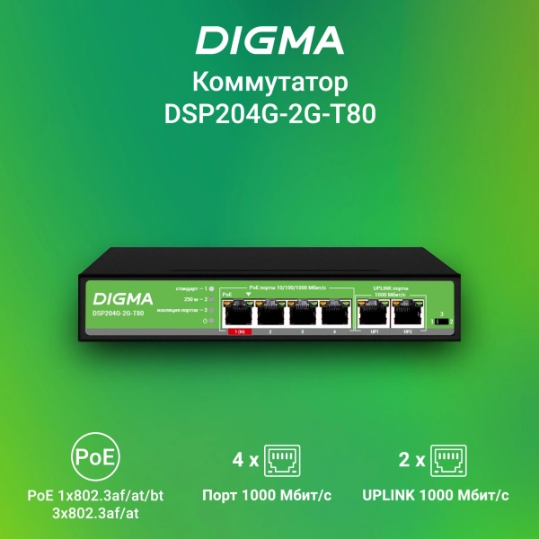 Коммутатор Digma DSP204G-2G-T80 (L2) 6x1Гбит/с 4PoE 4PoE+ 1PoE++ 80W неуправляемый