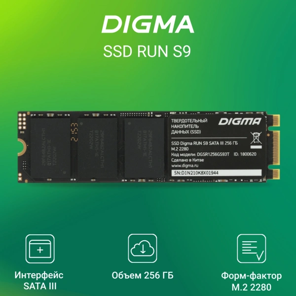 Накопитель SSD Digma SATA-III 256GB DGSR1256GS93T Run S9 M.2 2280