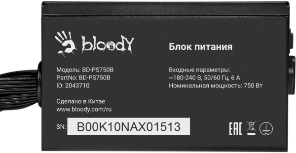 Блок питания Bloody ATX 750W BD-PS750B 80+ bronze (20+4pin) APFC 120mm fan 6xSATA RTL