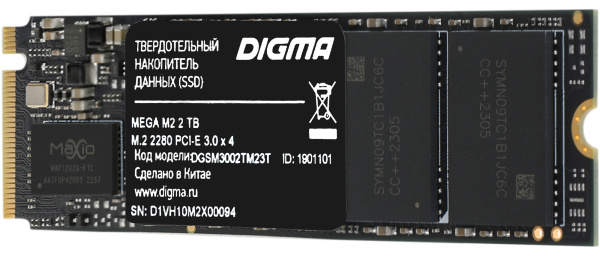 Накопитель SSD Digma PCI-E 3.0 x4 2Tb DGSM3002TM23T Mega M2 M.2 2280