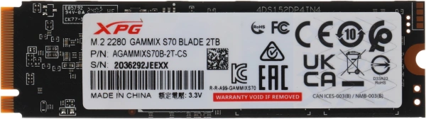 Накопитель SSD A-Data PCIe 4.0 x4 2TB AGAMMIXS70B-2T-CS XPG Gammix S70 Blade M.2 2280