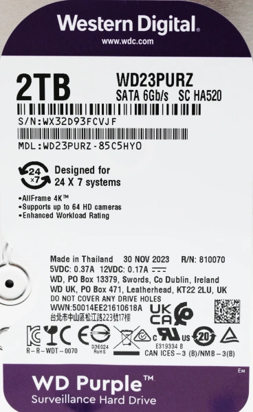 Жесткий диск WD SATA-III 2TB WD23PURZ Surveillance Purple (5400rpm) 256Mb 3.5"