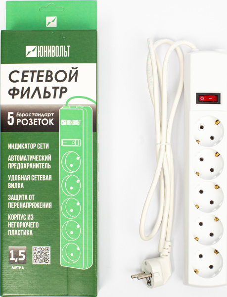 Сетевой фильтр Юнивольт 00-00000389 1.5м (5 розеток) белый (коробка)