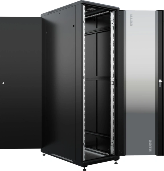 Шкаф серверный NTSS Премиум (NTSS-R42U80100GS-BL) напольный 42U 800x1000мм пер.дв.стекл металл 900кг черный 160кг