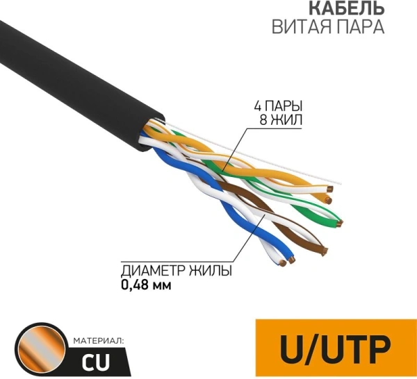 Кабель информационный PROconnect 01-0054 кат.5E U/UTP 4X2X24AWG PE внешний 305м черный