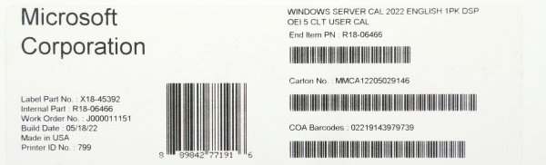 ПО Microsoft Windows Server CAL 2022 English 1pk DSP OEI 5 Clt User CAL (R18-06466)