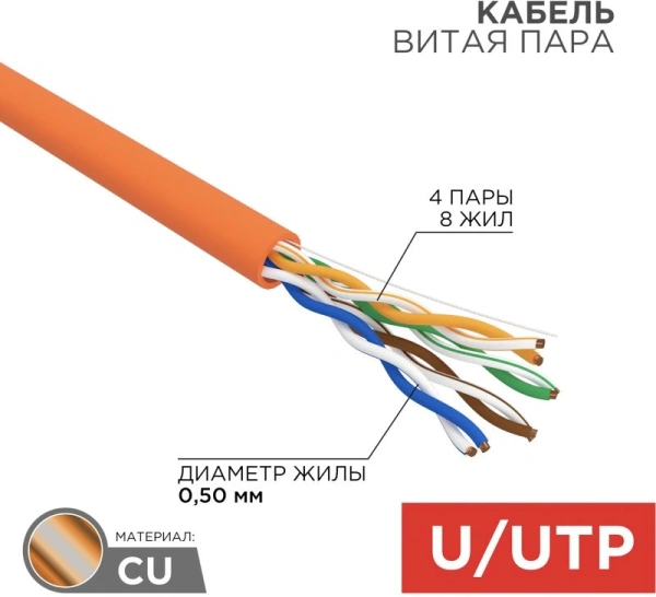 Кабель информационный Rexant 01-0049 кат.5E U/UTP 4X2X24AWG LSZH внутренний 305м оранжевый