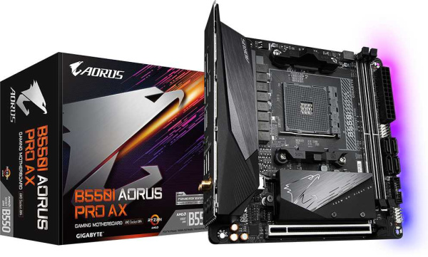 Материнская плата Gigabyte B550I AORUS PRO AX Soc-AM4 AMD B550 2xDDR4 mini-ITX AC`97 8ch(7.1) 2.5Gg RAID+HDMI+DP