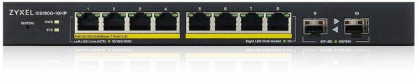 Коммутатор Zyxel GS1900-10HP v2 GS1900-10HP-EU0102F 8G 2SFP 8PoE 8PoE+ 77W управляемый