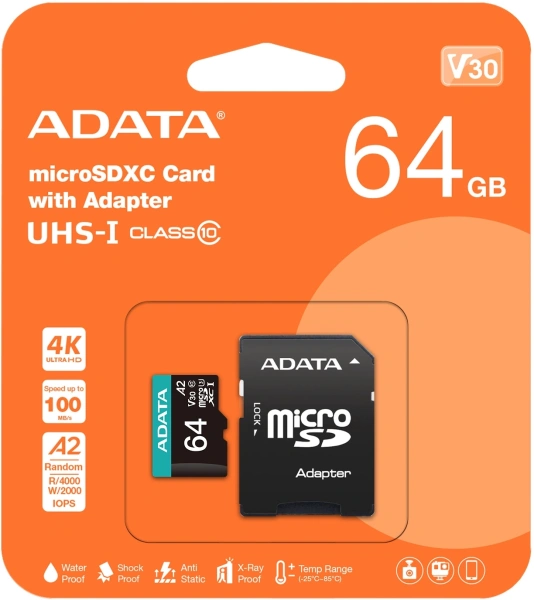 Флеш карта microSDXC 64GB A-Data AUSDX64GUI3V30SA2-RA1 Premier Pro + adapter