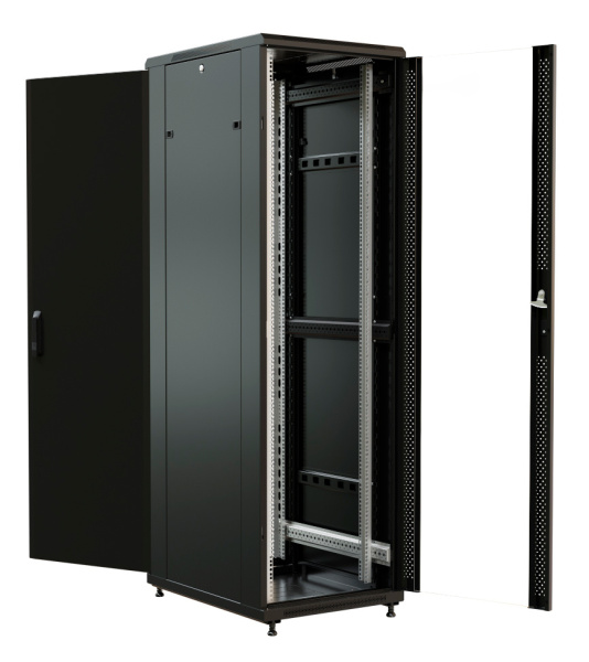 Шкаф коммутационный WRline (WR-TT-2266-AS-RAL9004) напольный 22U 600x600мм пер.дв.стекл задн.дв.стал.лист 2 бок.пан. 800кг черный 510мм 1166мм IP20 сталь