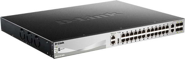 Коммутатор D-Link DGS-3130-30PS/B (L3) 24x1Гбит/с 2x10Гбит/с 4xКомбо(10GBase-T/SFP+) 4SFP+ 24PoE 370W управляемый