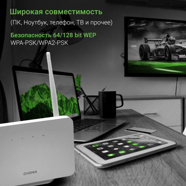 Интернет-центр Digma HOME (D4GHMAWH) N300 10/100BASE-TX/4G(3G) cat.4 белый