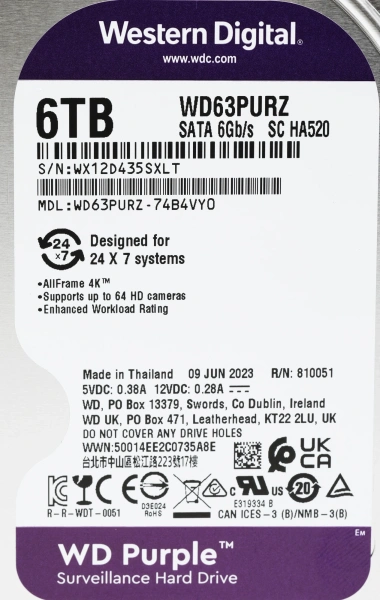 Жесткий диск WD SATA-III 6TB WD63PURZ Surveillance Purple (5640rpm) 256Mb 3.5"