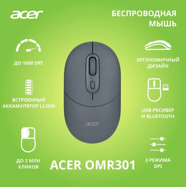 Мышь Acer OMR301 черный оптическая 1600dpi беспров. BT/Radio USB 4but (ZL.MCECC.01T)