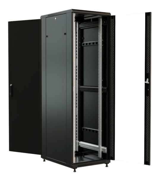 Шкаф коммутационный WRline (WR-TT-2766-AS-RAL9004) напольный 27U 600x600мм пер.дв.стекл задн.дв.стал.лист 2 бок.пан. 800кг черный 510мм 1388мм IP20 сталь