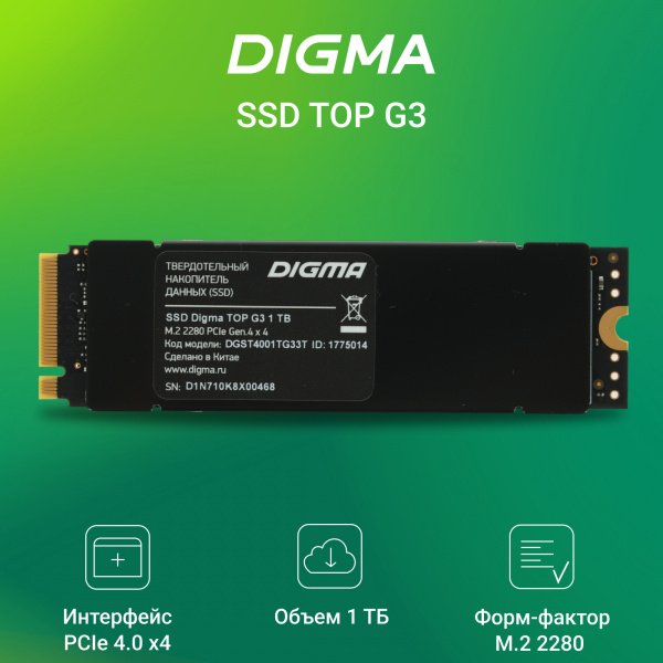 Накопитель SSD Digma PCIe 4.0 x4 1TB DGST4001TG33T Top G3 M.2 2280