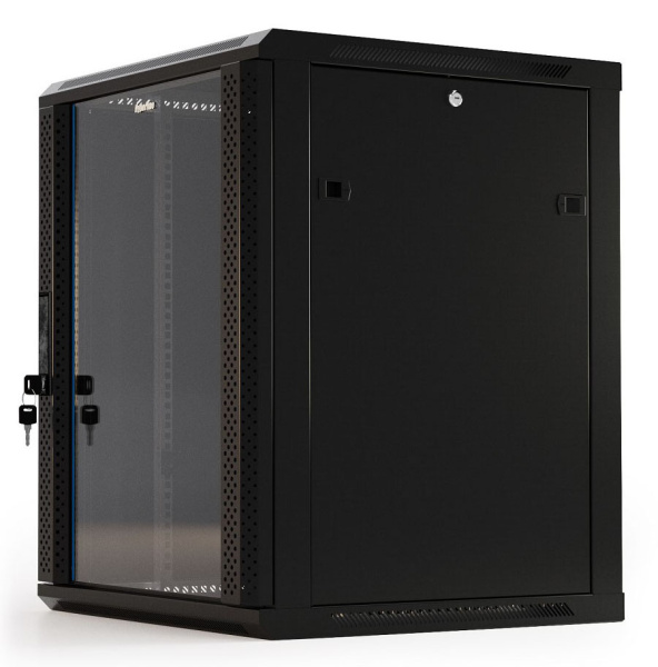 Шкаф серверный Hyperline (TWB-0945-GP-RAL9004) настенный 9U 600x450мм пер.дв.стекл 2 бок.пан. 60кг черный IP20 сталь