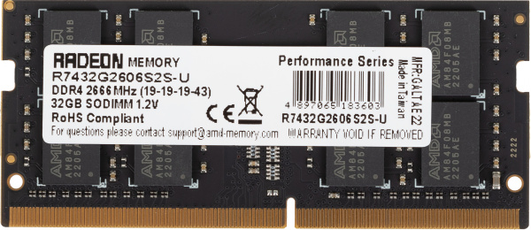Память DDR4 32Gb 2666MHz AMD R7432G2606S2S-U Radeon R7 Performance Series RTL PC4-21300 CL19 SO-DIMM 260-pin 1.2В
