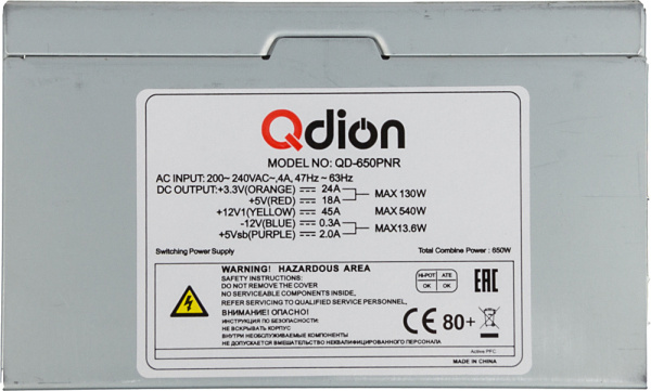 Блок питания Qdion ATX 650W Q-DION QD650-PNR 80+ 80+ 24pin APFC 120mm fan 5xSATA