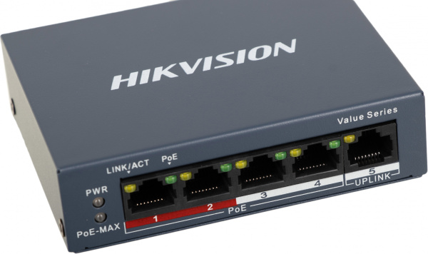 Коммутатор Hikvision DS-3E0105P-E/M(B) 4x100Мбит/с 4PoE+ 35W неуправляемый