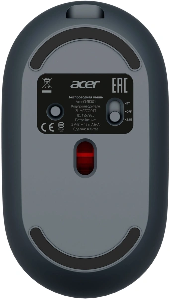 Мышь Acer OMR301 черный оптическая 1600dpi беспров. BT/Radio USB 4but (ZL.MCECC.01T)