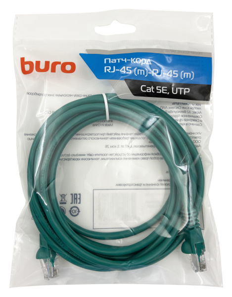 Патч-корд Buro UTP 4 пары cat5E CCA molded 3м зеленый RJ-45 (m)-RJ-45 (m)