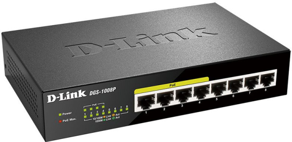 Коммутатор D-Link DGS-1008P/F1A 8x1Гбит/с 4PoE 80W неуправляемый