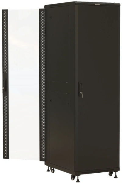 Шкаф серверный Hyperline (TTBR-4261-AS-RAL9004) напольный 42U 600x1000мм пер.дв.стекл задн.дв.спл.стал.лист 2 бок.пан. 800кг черный 910мм 2055мм IP20 сталь