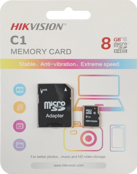 Флеш карта microSDHC 8GB Hikvision HS-TF-C1(STD)/8G/Adapter C1 + adapter