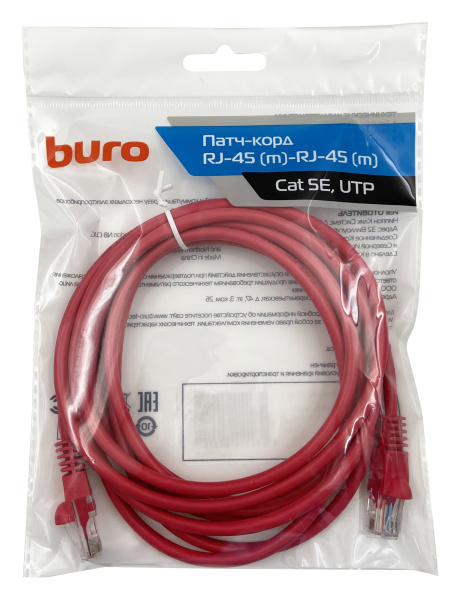 Патч-корд Buro UTP 4 пары cat5E CCA molded 3м красный RJ-45 (m)-RJ-45 (m)