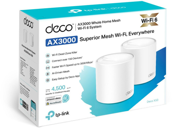 Бесшовный Mesh роутер TP-Link DECO X50(2-PACK) AX3000 10/100/1000BASE-TX белый (упак.:2шт)