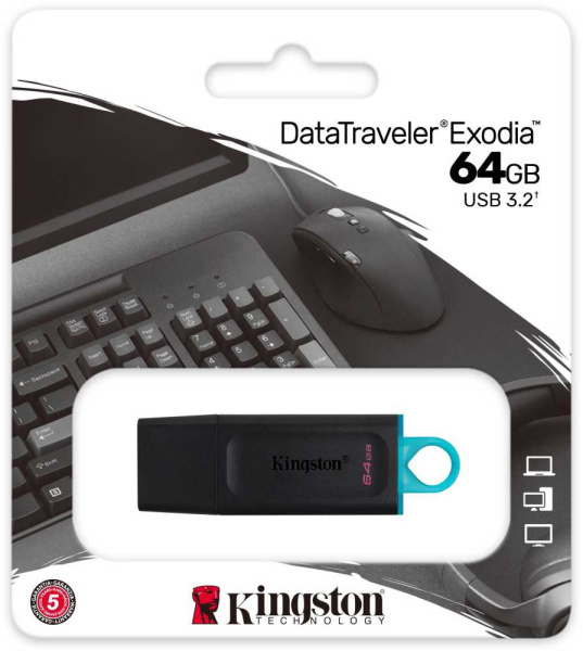 Флеш Диск Kingston 64Gb DataTraveler Exodia DTX/64GB USB3.1 черный/голубой