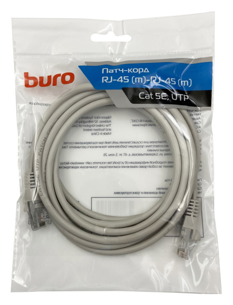 Патч-корд Buro UTP-5E-3M-G UTP 4 пары cat5E CCA molded 3м серый RJ-45 (m)-RJ-45 (m)