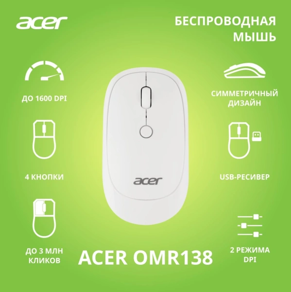 Мышь Acer OMR138 белый оптическая 1600dpi беспров. USB 3but (ZL.MCEEE.01L)