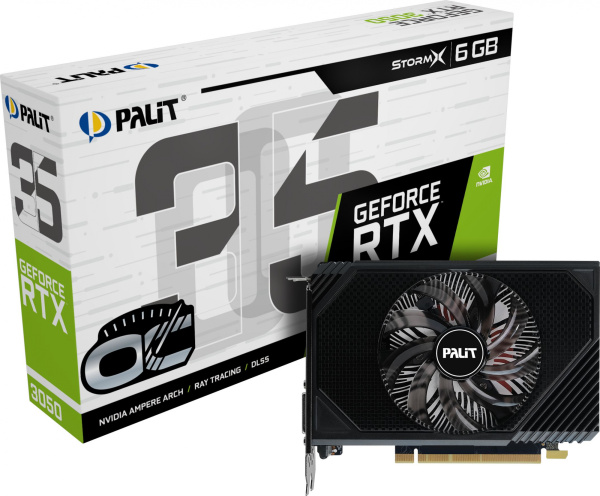 Видеокарта Palit PCI-E 4.0 RTX3050 STORMX OC NVIDIA GeForce RTX 3050 6Gb 96bit GDDR6 1042/14000 DVIx1 HDMIx1 DPx1 HDCP Ret