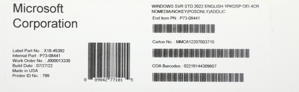 ПО Microsoft Windows Svr Std 2022 Eng 1pkDSP OEI 4Cr NoMedia/NoKey(POSOnly)AddLic (P73-08441)