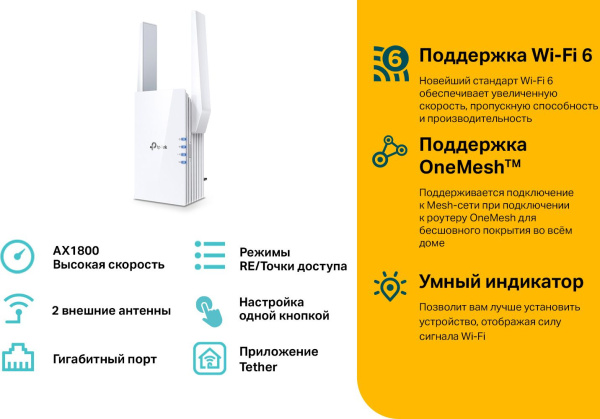 Повторитель беспроводного сигнала TP-Link RE605X AX1800 10/100/1000BASE-TX белый