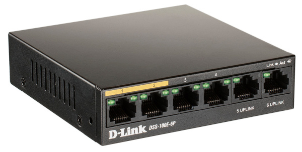 Коммутатор D-Link DSS-100E-6P/A1A 6x100Mb 4PoE+ 55W неуправляемый