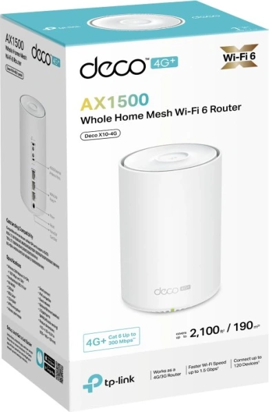 Бесшовный Mesh роутер TP-Link Deco X10-4G (DECO X10-4G(1-PACK)) AX1500 10/100/1000BASE-TX cat.6 белый (упак.:1шт)