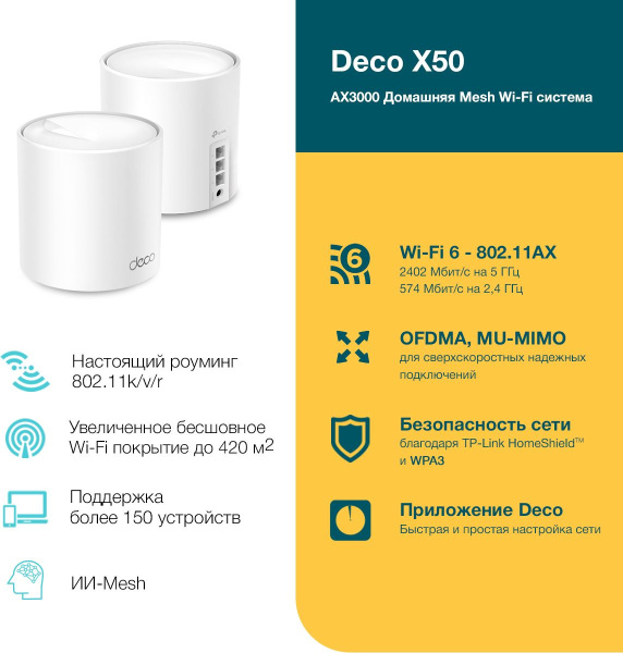 Бесшовный Mesh роутер TP-Link DECO X50(2-PACK) AX3000 10/100/1000BASE-TX белый (упак.:2шт)